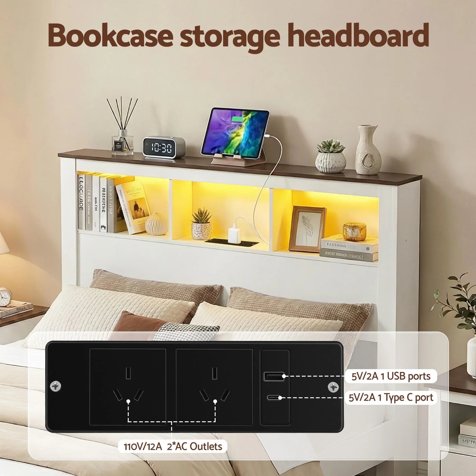 Double Bed Frame with Storage Bookcase Headboard and Footboard White Wooden Platform Bed with Charging Station and Led Light Bedroom Furniture