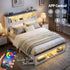 Double Bed Frame with Storage Bookcase Headboard and Footboard White Wooden Platform Bed with Charging Station and Led Light Bedroom Furniture