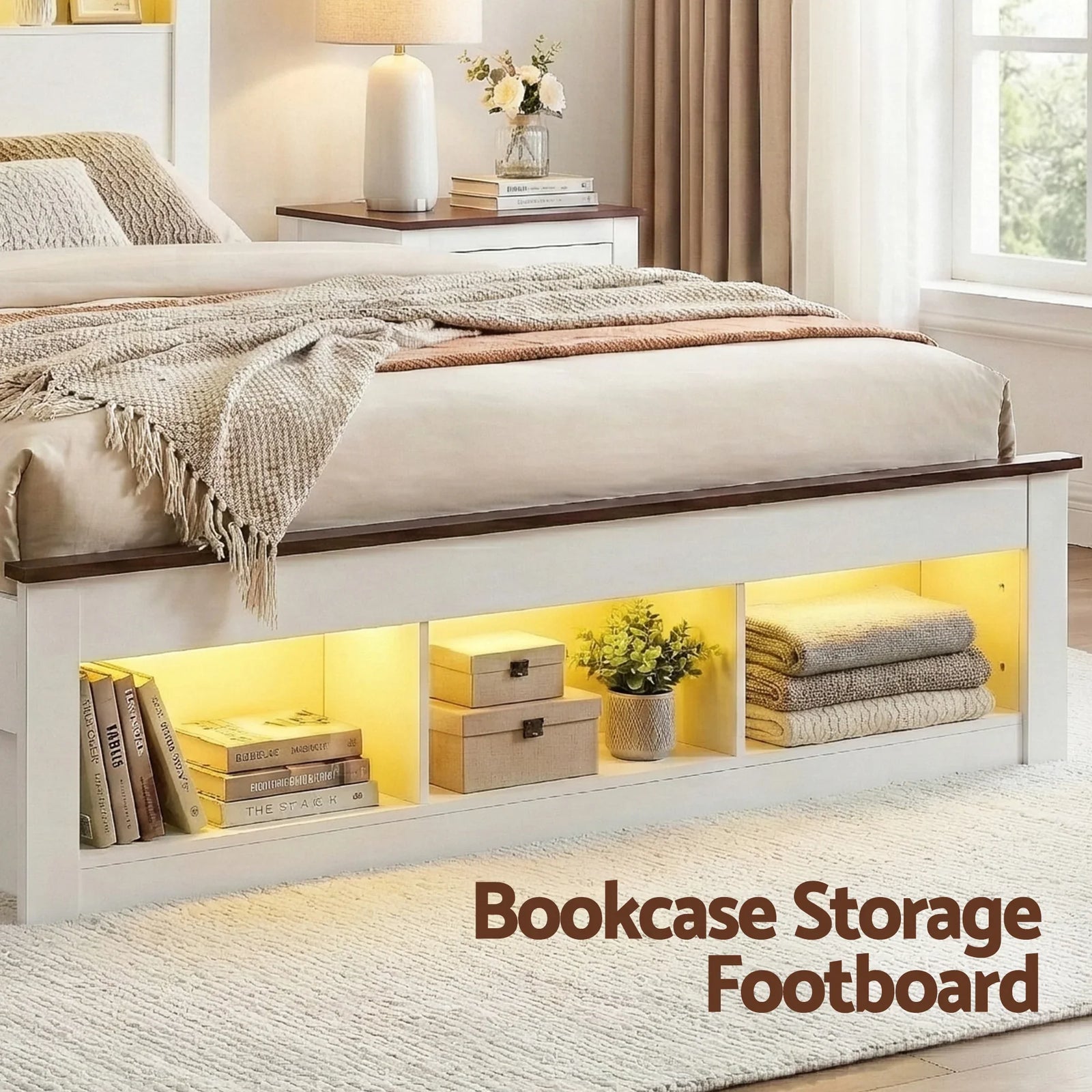 Double Bed Frame with Storage Bookcase Headboard and Footboard White Wooden Platform Bed with Charging Station and Led Light Bedroom Furniture