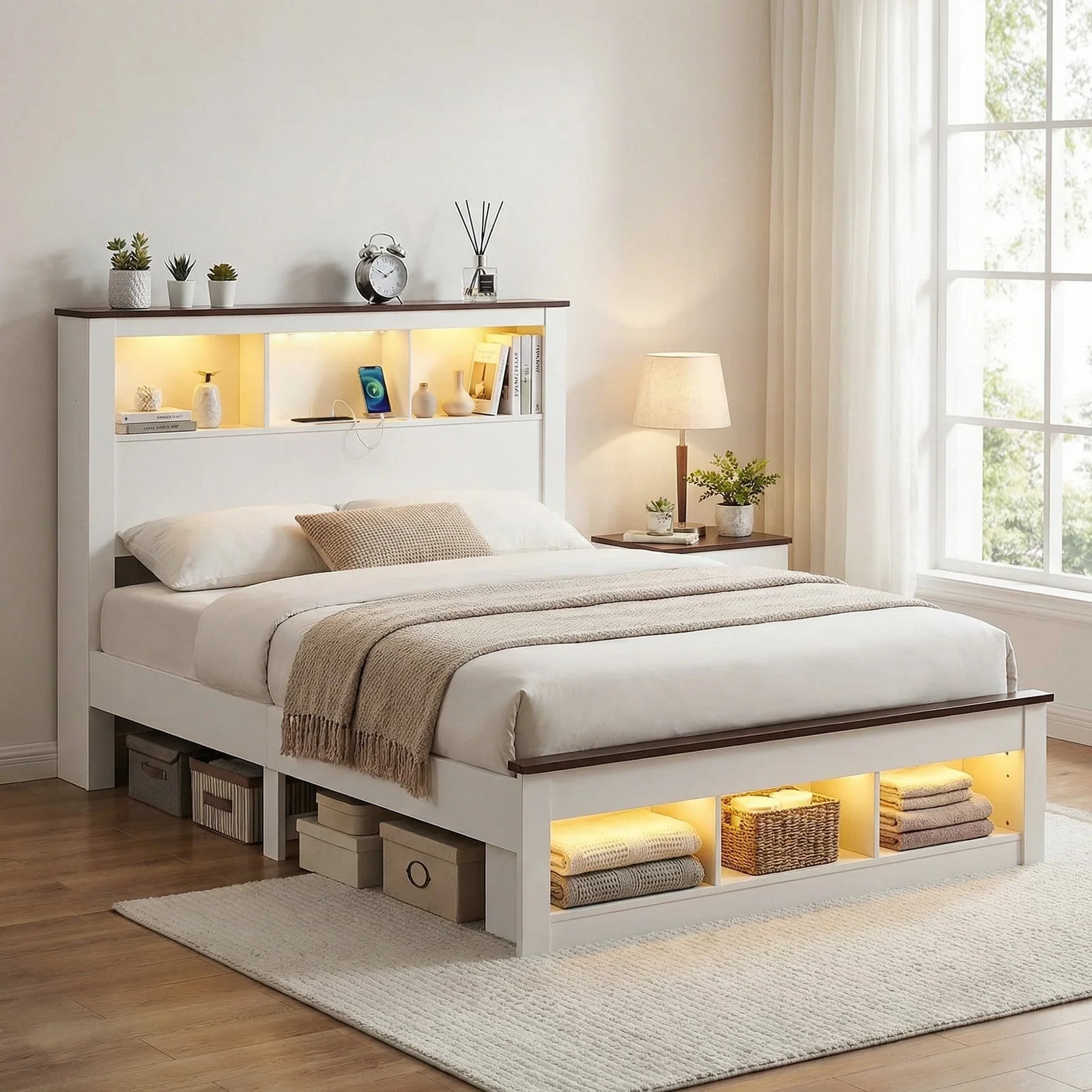 Queen Bed Frame with Storage Bookcase Headboard and Footboard White Wooden Platform Bed with Charging Station and Led Light Bedroom Furniture