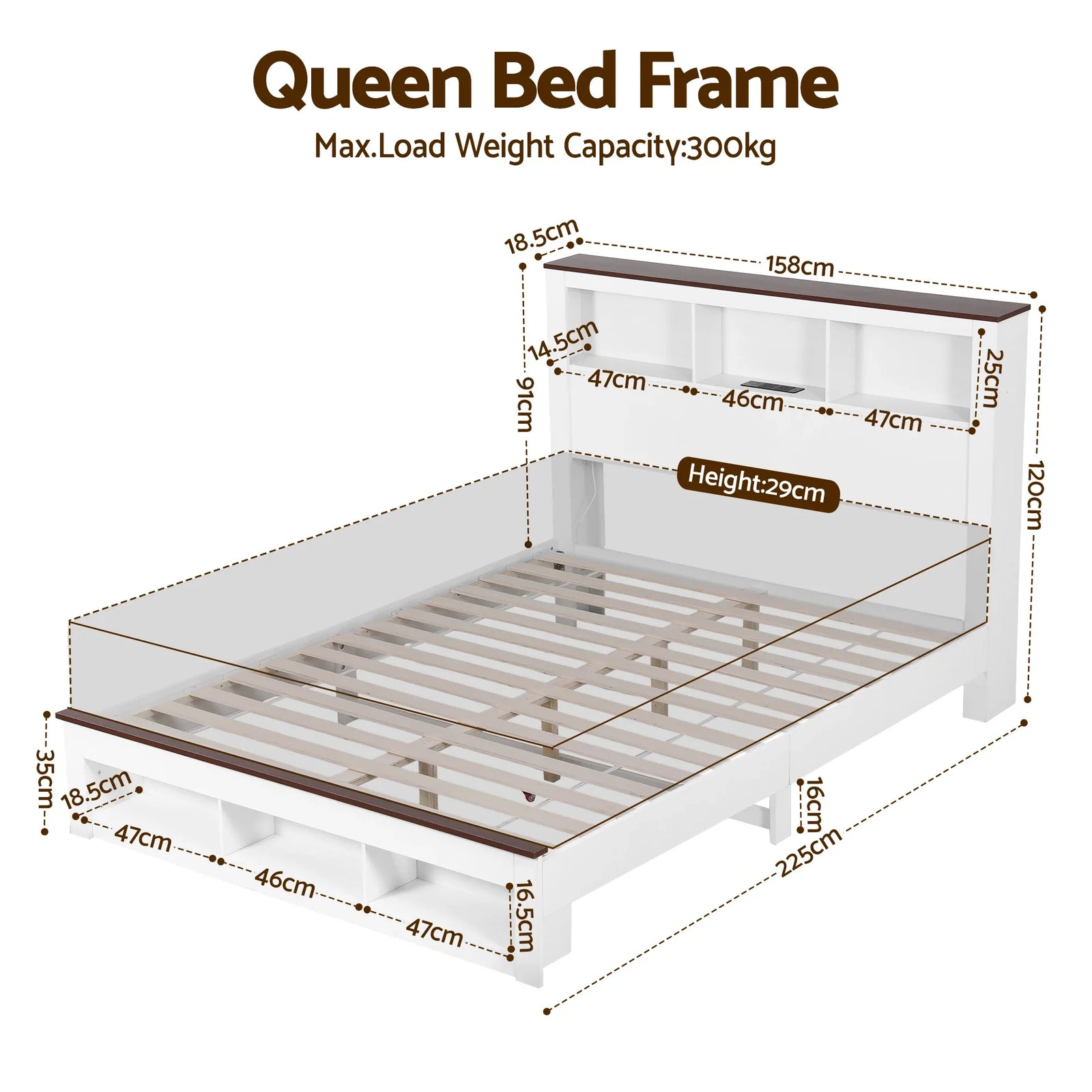 Queen Bed Frame with Storage Bookcase Headboard and Footboard White Wooden Platform Bed with Charging Station and Led Light Bedroom Furniture