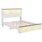 Queen Bed Frame with Storage Bookcase Headboard and Footboard White Wooden Platform Bed with Charging Station and Led Light Bedroom Furniture