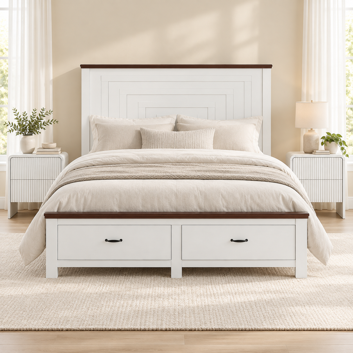 Artiss Double Wooden Bed Frame & 2 Bedside Tables Set, 2 Storage Drawers White