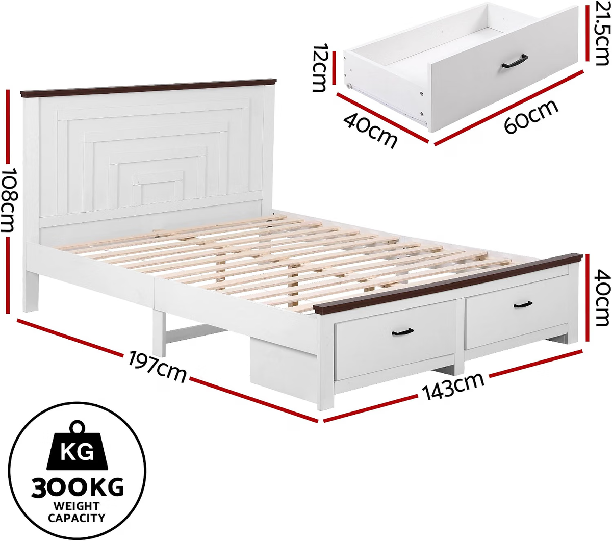 Artiss Double Wooden Bed Frame & 2 Bedside Tables Set, 2 Storage Drawers White