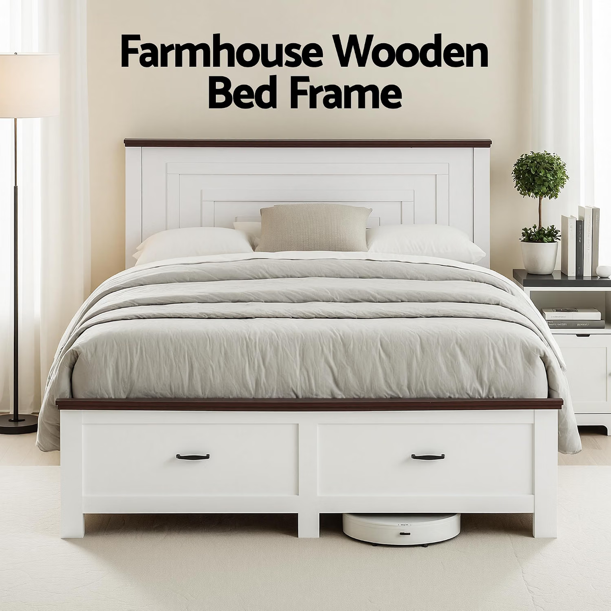 Artiss Double Wooden Bed Frame & 2 Bedside Tables Set, 2 Storage Drawers White