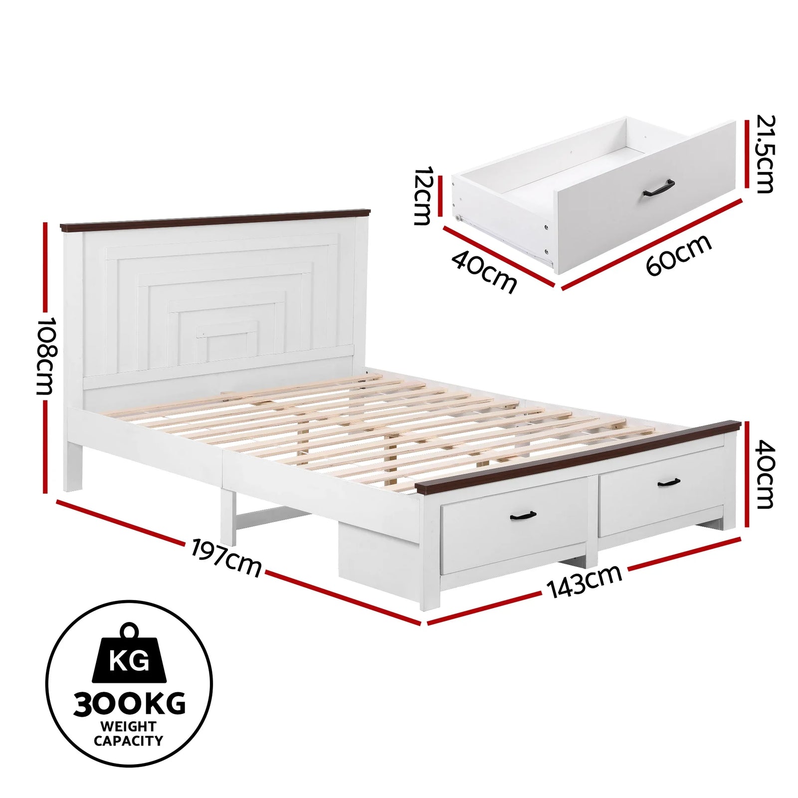 Double Wooden Bed Frame with 2 Drawer Platform Bed with 108cm Solid High Headboard White Bed Base for Bedroom Easy Assembly
