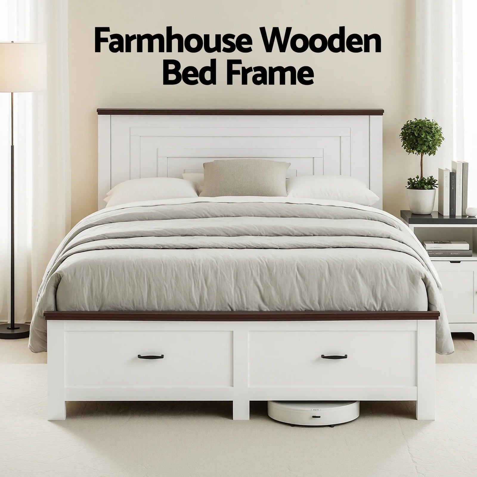 Double Wooden Bed Frame with 2 Drawer Platform Bed with 108cm Solid High Headboard White Bed Base for Bedroom Easy Assembly