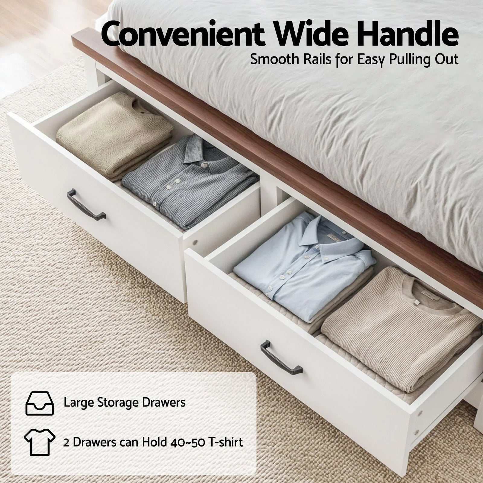 Double Wooden Bed Frame with 2 Drawer Platform Bed with 108cm Solid High Headboard White Bed Base for Bedroom Easy Assembly