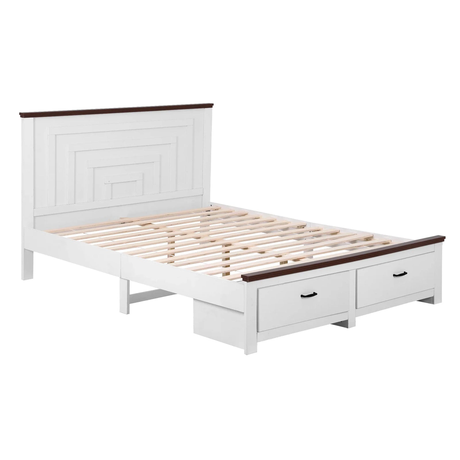 Double Wooden Bed Frame with 2 Drawer Platform Bed with 108cm Solid High Headboard White Bed Base for Bedroom Easy Assembly