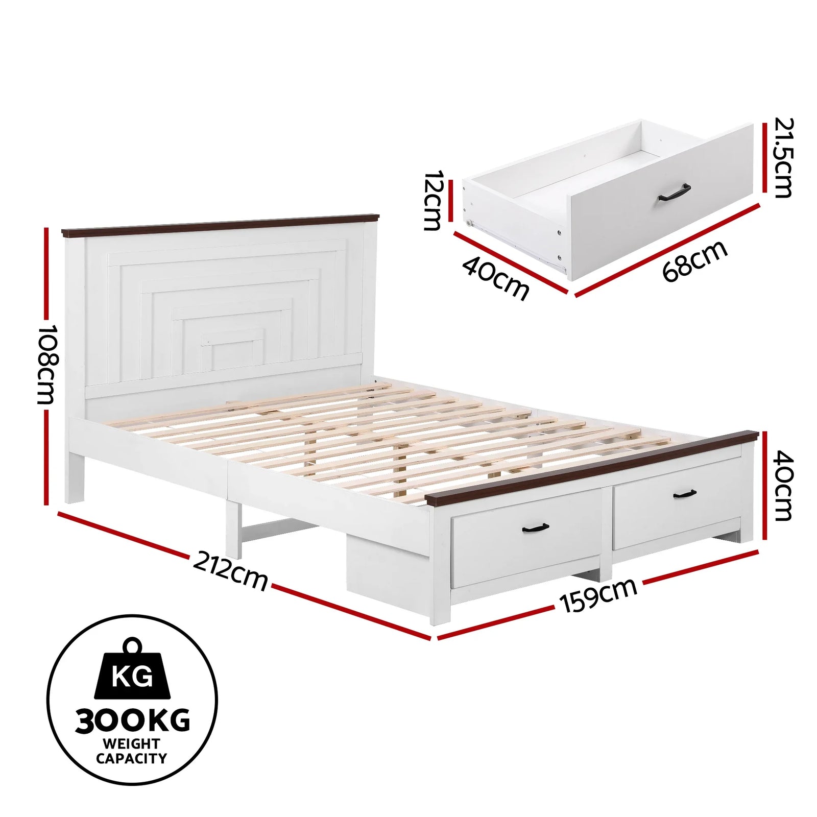 Queen Wooden Bed Frame with 2 Drawer Platform Bed with 108cm Solid High Headboard White Bed Base for Bedroom Easy Assembly