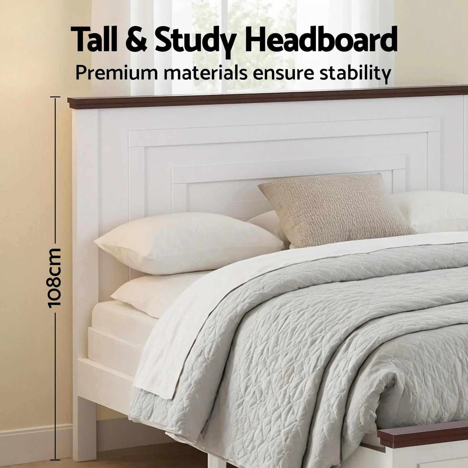 Queen Wooden Bed Frame with 2 Drawer Platform Bed with 108cm Solid High Headboard White Bed Base for Bedroom Easy Assembly