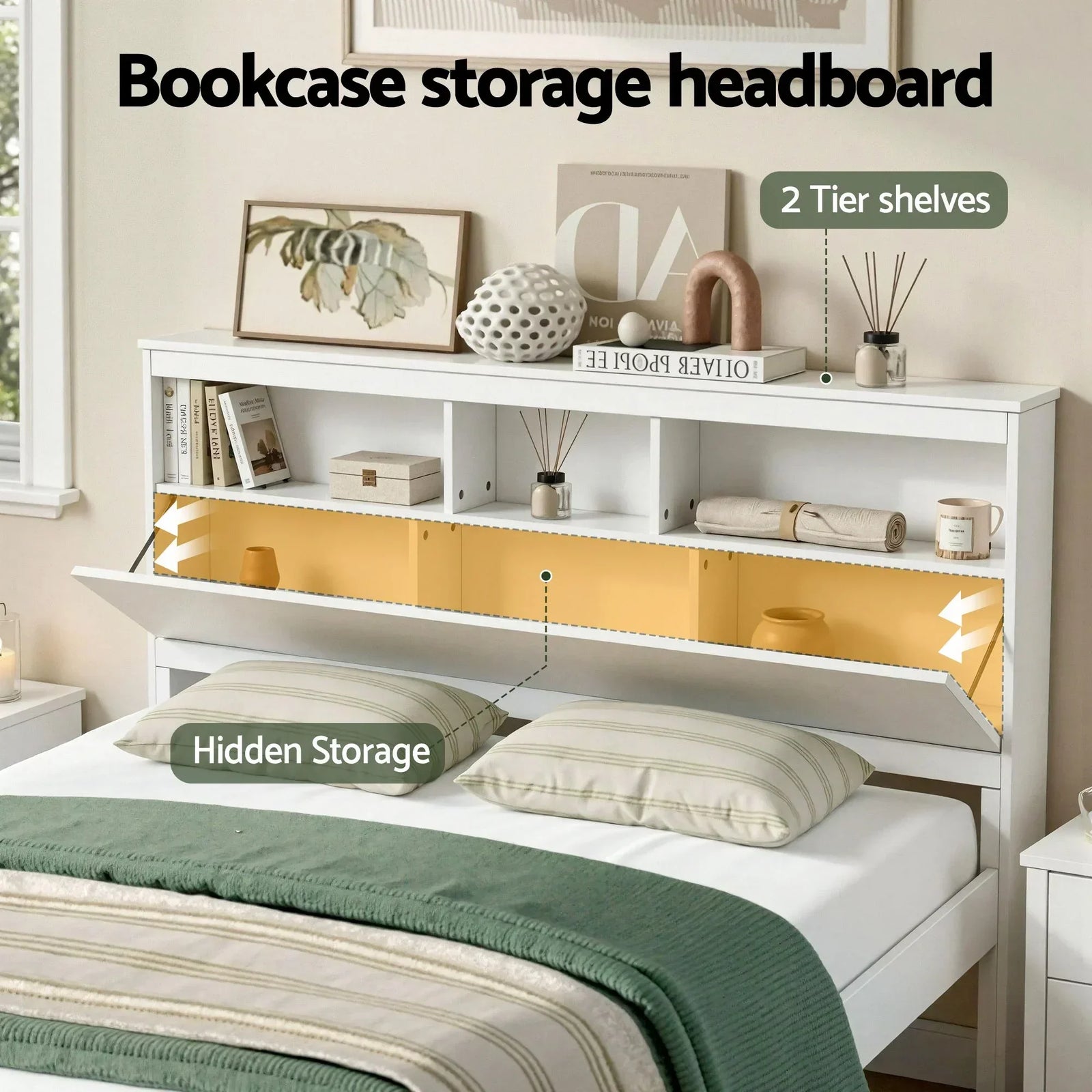 Queen Bed Frame with Storage Headboard and Footboard Wooden Bed Base White