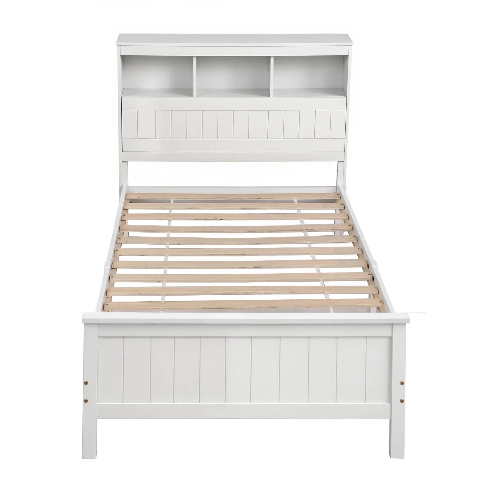 Single Bed Frame with Storage Headboard and Footboard Wooden Bed Base White