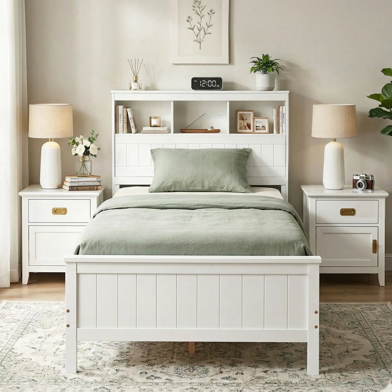 Single Bed Frame with Storage Headboard and Footboard Wooden Bed Base White