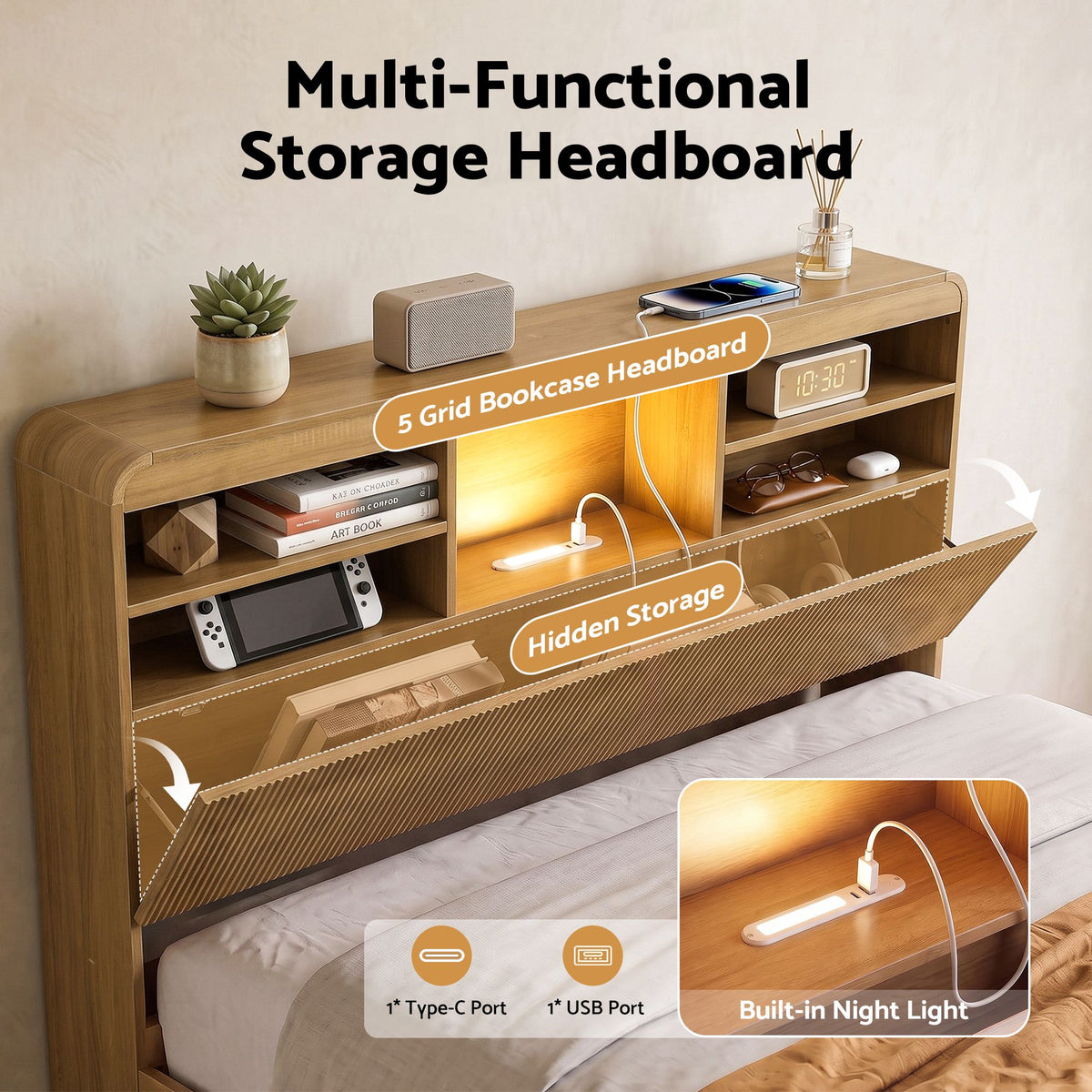 Artiss Double Bed Frame with Storage, 4 Drawers, USB & Night Light, Natural