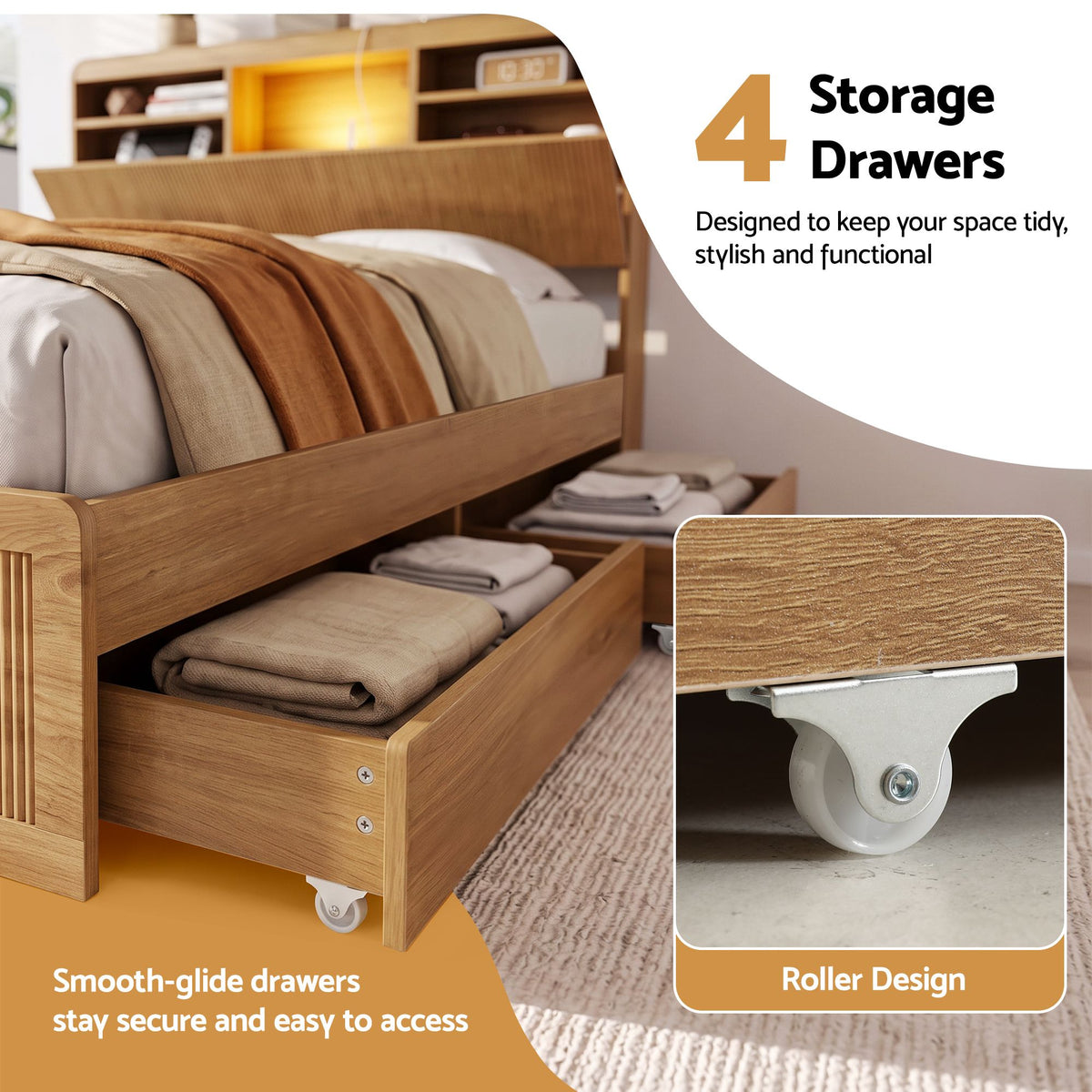 Artiss Double Bed Frame with Storage, 4 Drawers, USB & Night Light, Natural