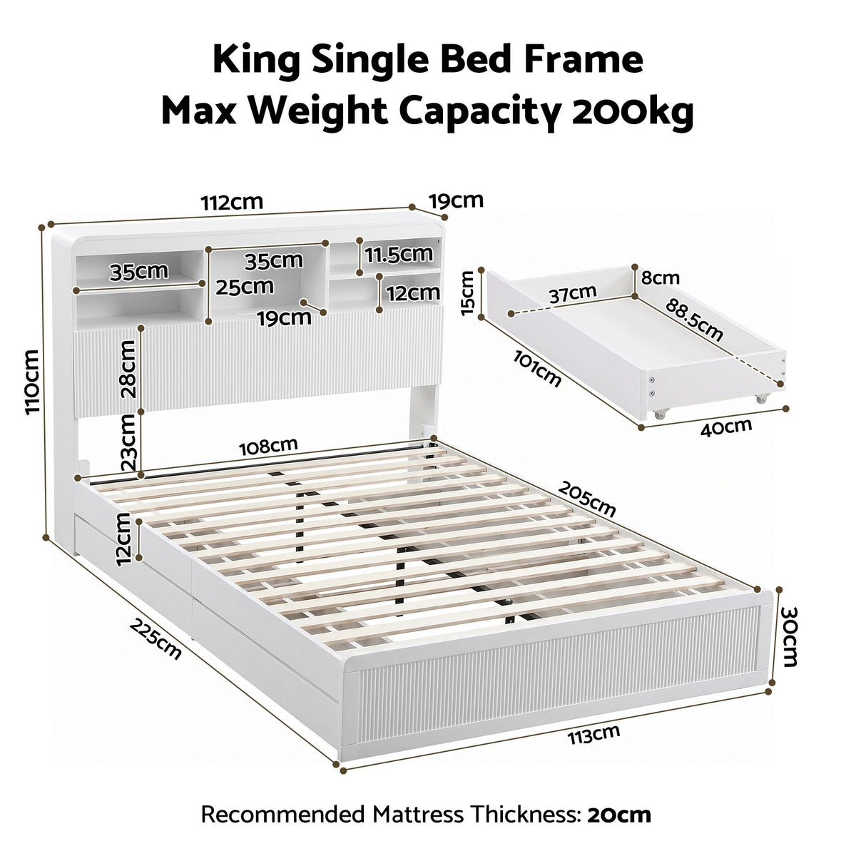 Artiss King Single Bed Frame with Storage, 4 Drawers, USB & Light, White