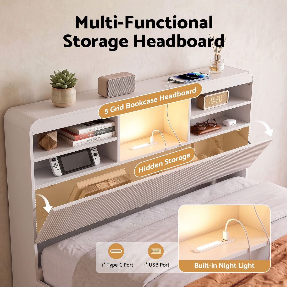 Artiss King Single Bed Frame with Storage, 4 Drawers, USB & Light, White
