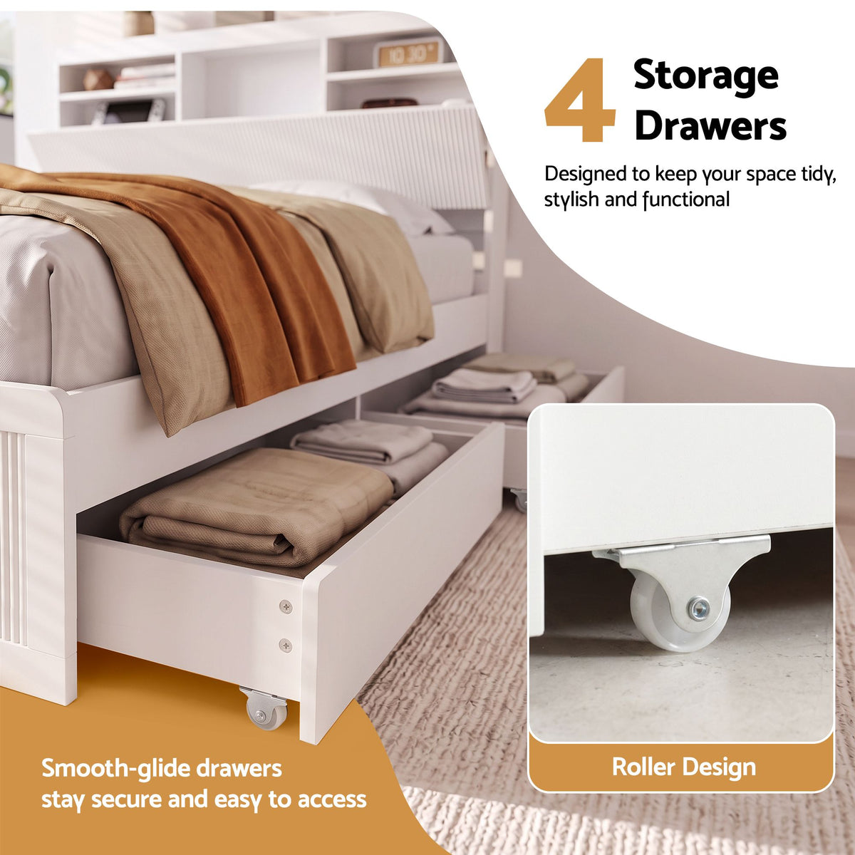 Artiss King Single Bed Frame with Storage, 4 Drawers, USB & Light, White