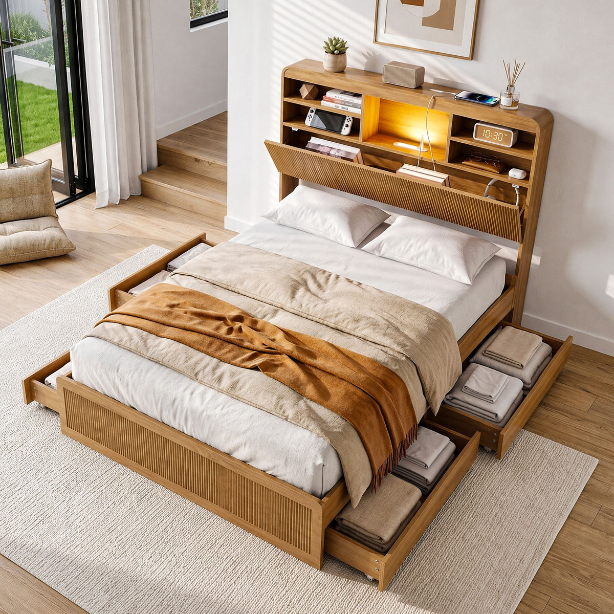 Artiss King Single Bed Frame with Storage, 4 Drawers, USB & Light, Natural