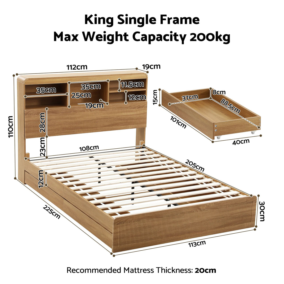 Artiss King Single Bed Frame with Storage, 4 Drawers, USB & Light, Natural
