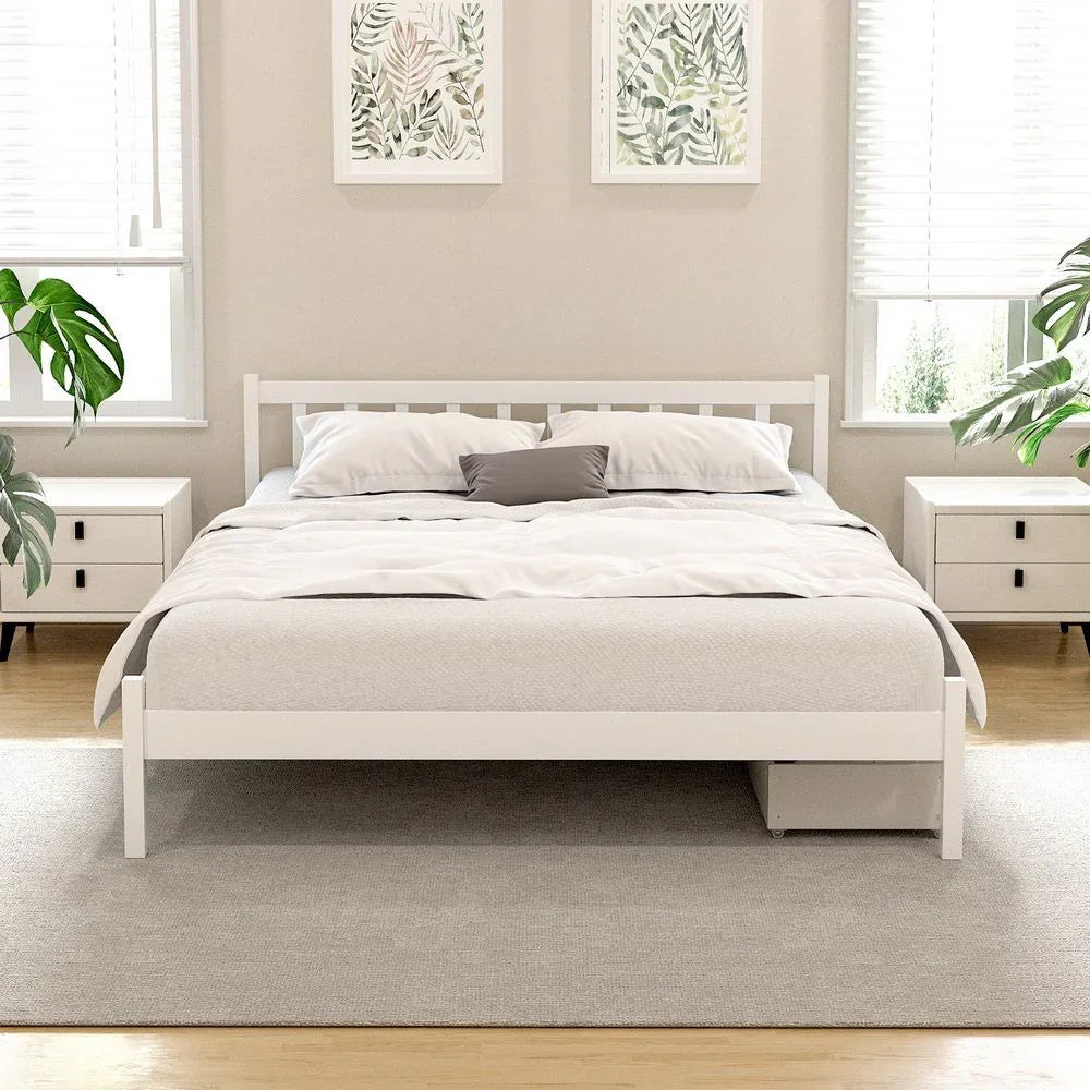 Artiss Bed Frame Double Size Wooden Platform with 2 Storage Drawers White SOFIE