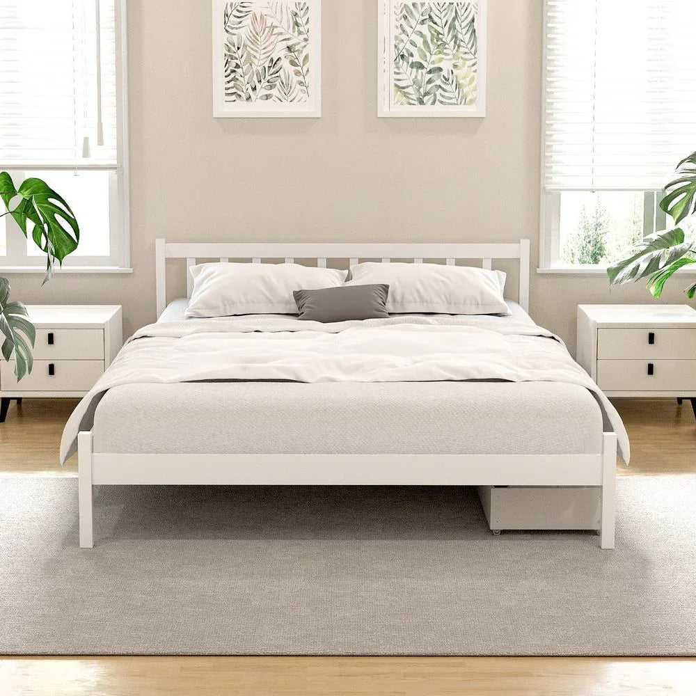 Artiss Bed Frame Queen Size Wooden Platform with 2 Storage Drawers White