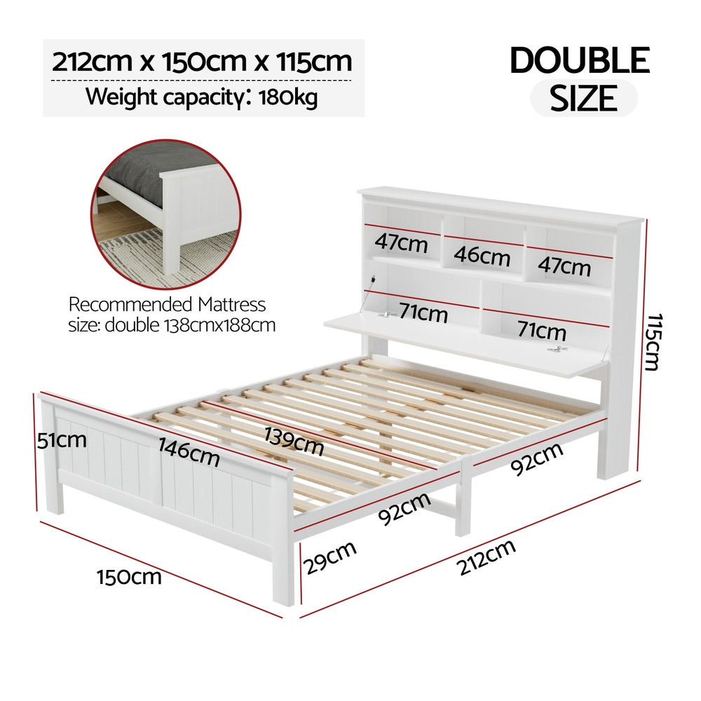 Bed Frame Double Size Wooden with 3 Shelves Bed Head White