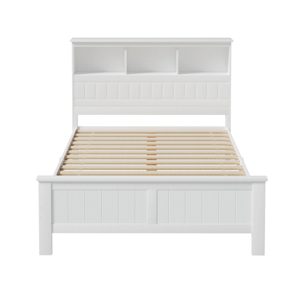 Bed Frame Double Size Wooden with 3 Shelves Bed Head White