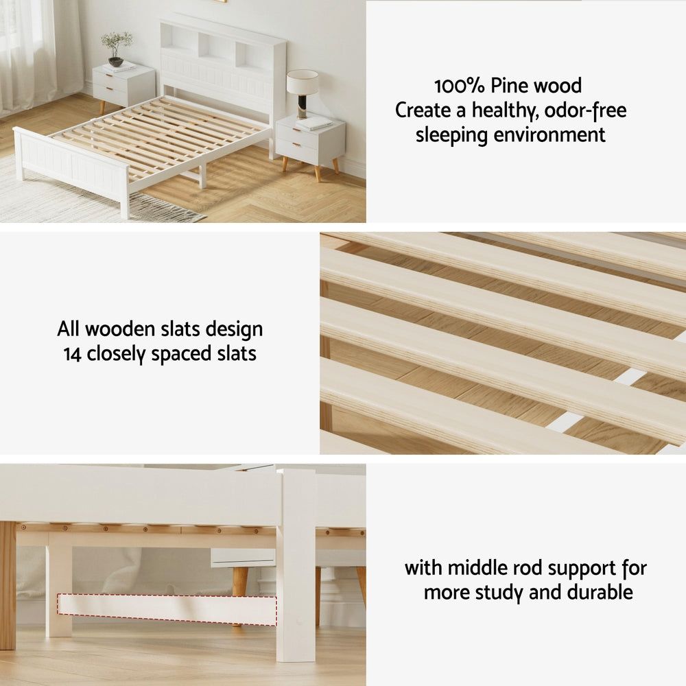 Bed Frame Double Size Wooden with 3 Shelves Bed Head White