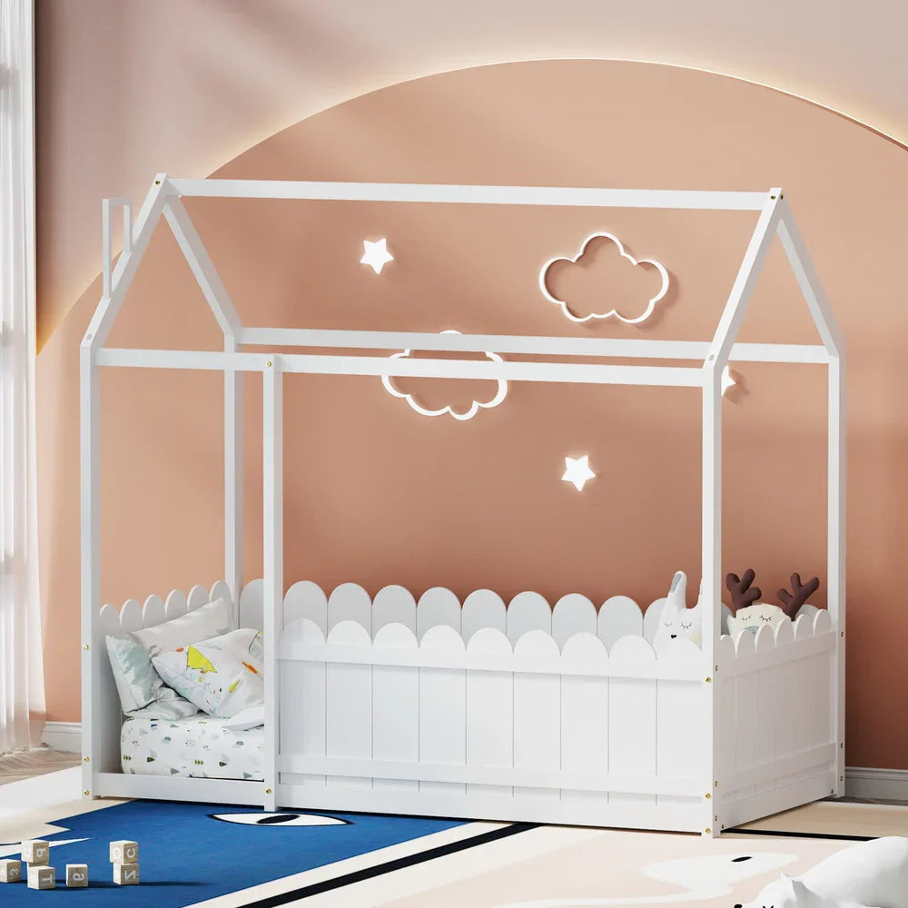 Artiss Kids House Bed Frame Single – Solid Pine Wooden Frame White KORI