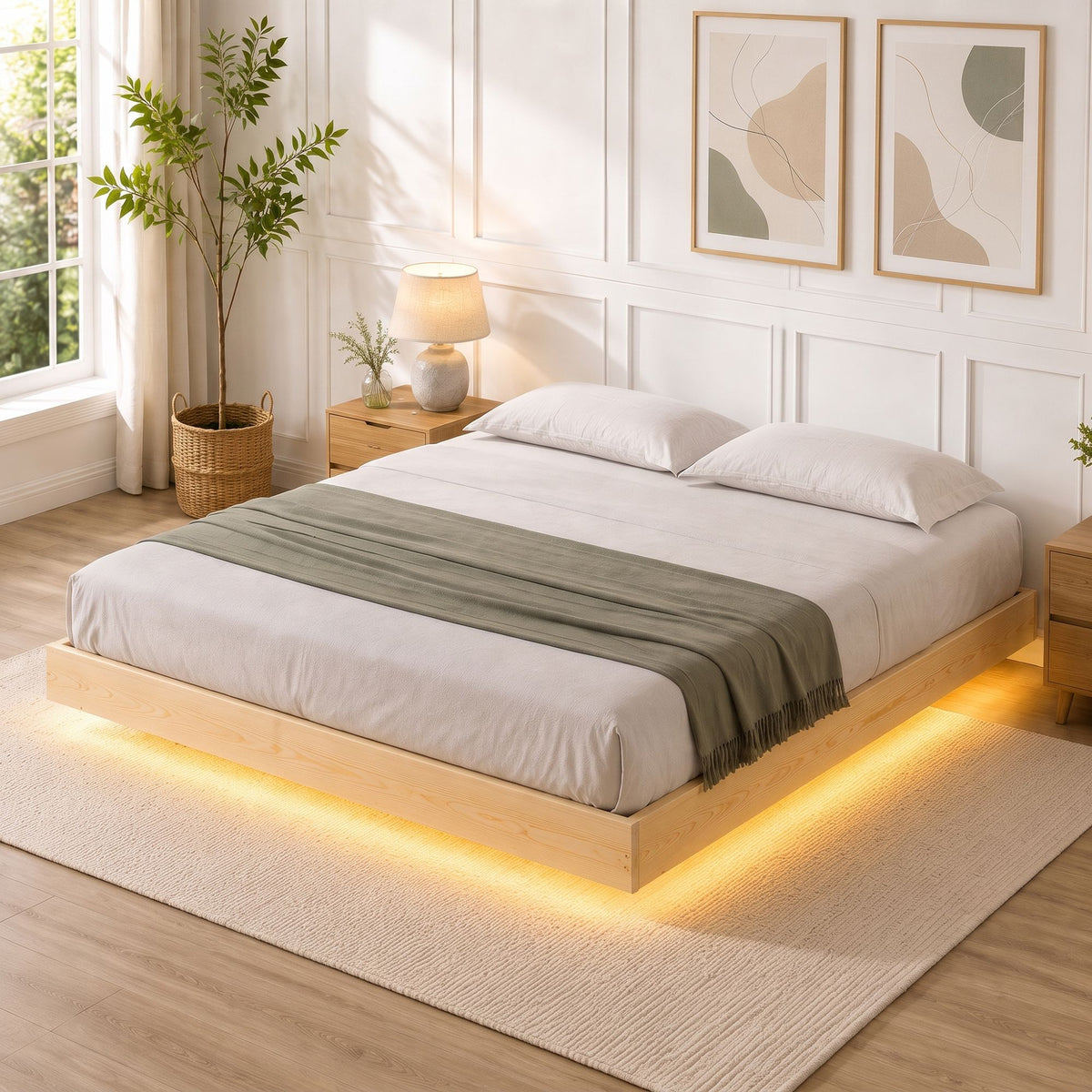 ODIN Double Floating Wooden Bed Frame 16 Colour LED Pine Platform 300kg