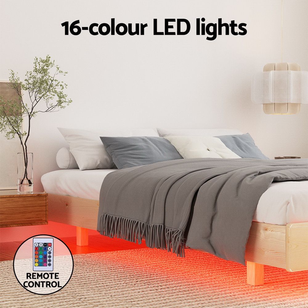 ODIN Double Floating Wooden Bed Frame 16 Colour LED Pine Platform 300kg