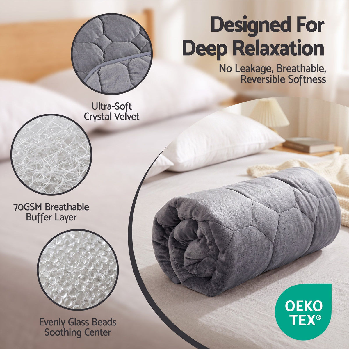 Giselle 3.2kg Weighted Lap Blanket 76 x 60cm Grey Crystal Velvet Glass Bead Fill