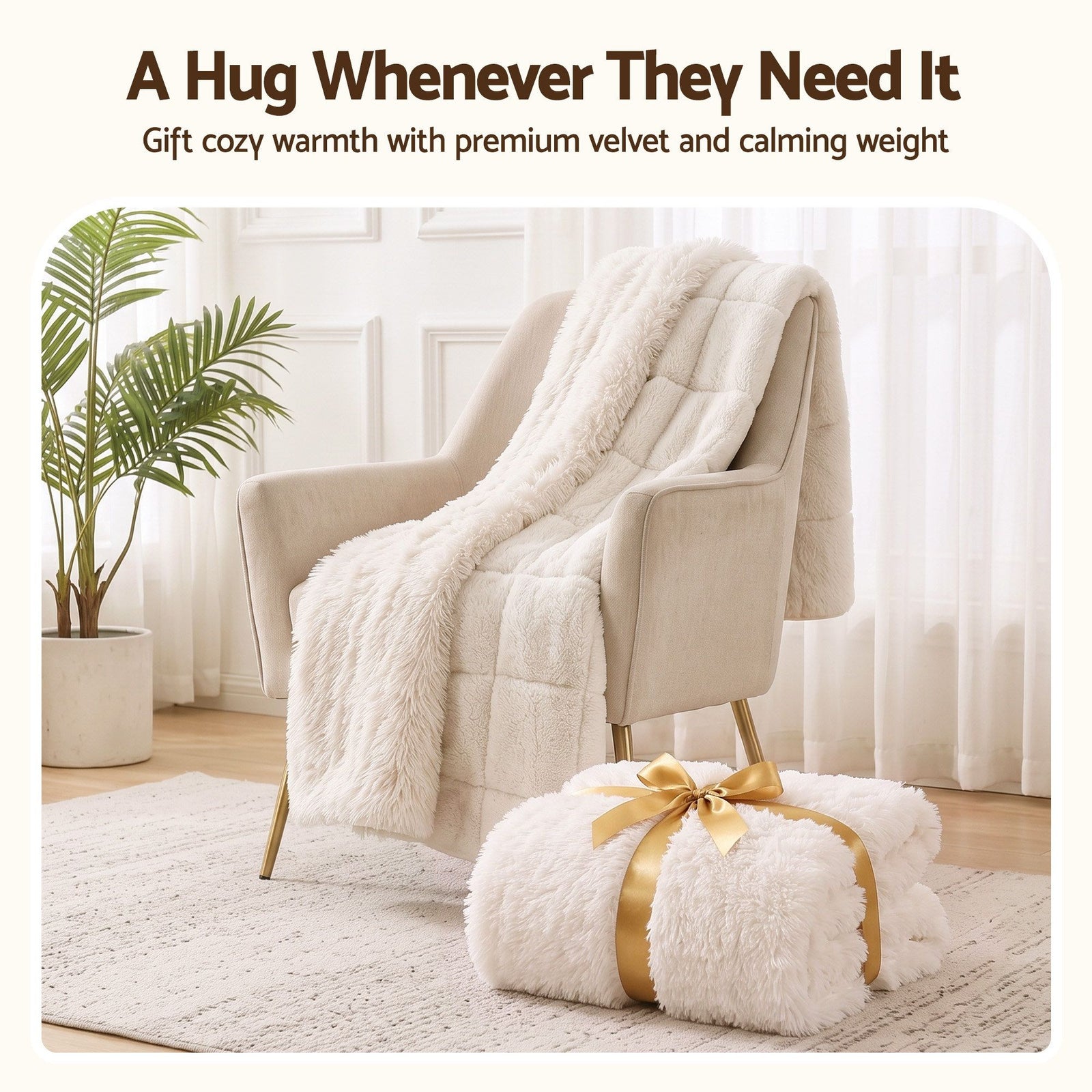 Giselle Faux Fur Weighted Blanket 2 Sided Long Pile Sherpa Reverse Cream 6.8KG 120 x 180cm
