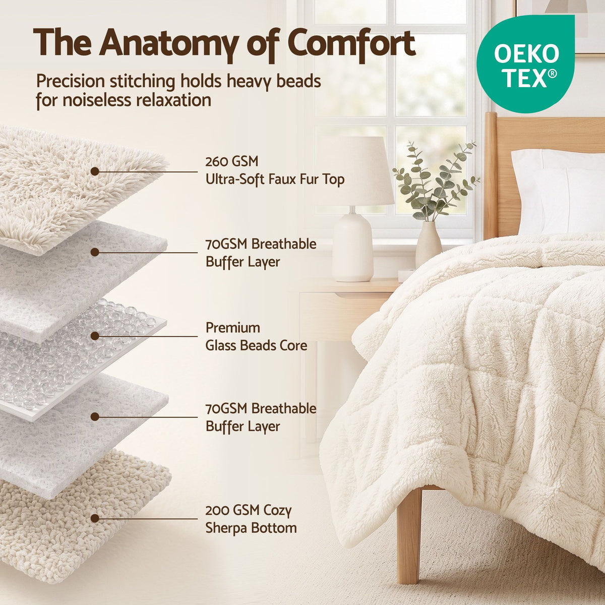 Giselle Faux Fur Weighted Blanket 2 Sided Long Pile Sherpa Reverse Cream 11KG 152 x 203cm