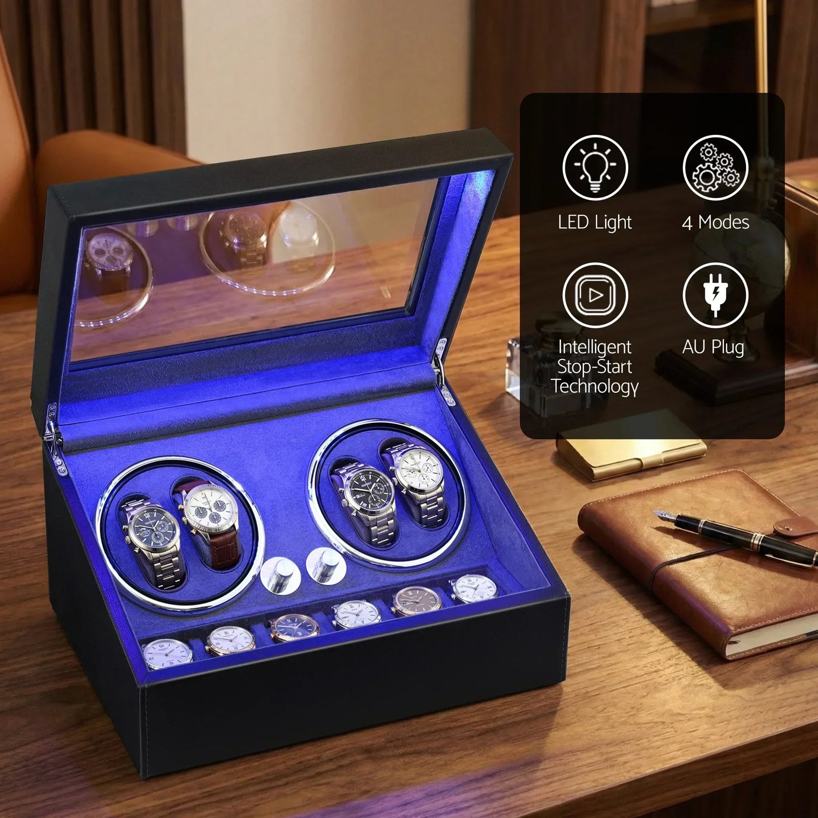 Watch Winder Automatic Double Watch Winder Box LED Black