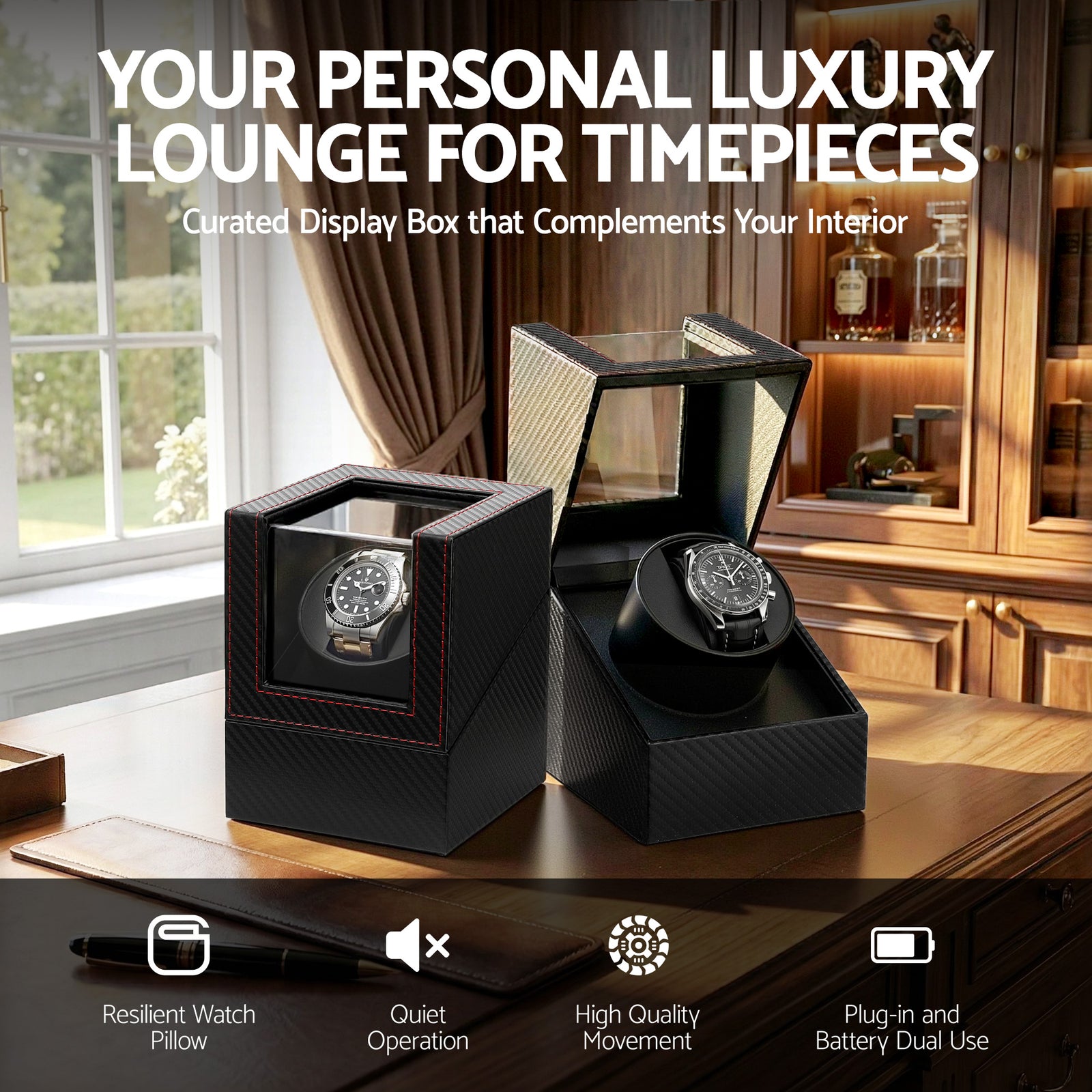 Watch Winder Box Automatic Single Quiet Carbon Fibre Black