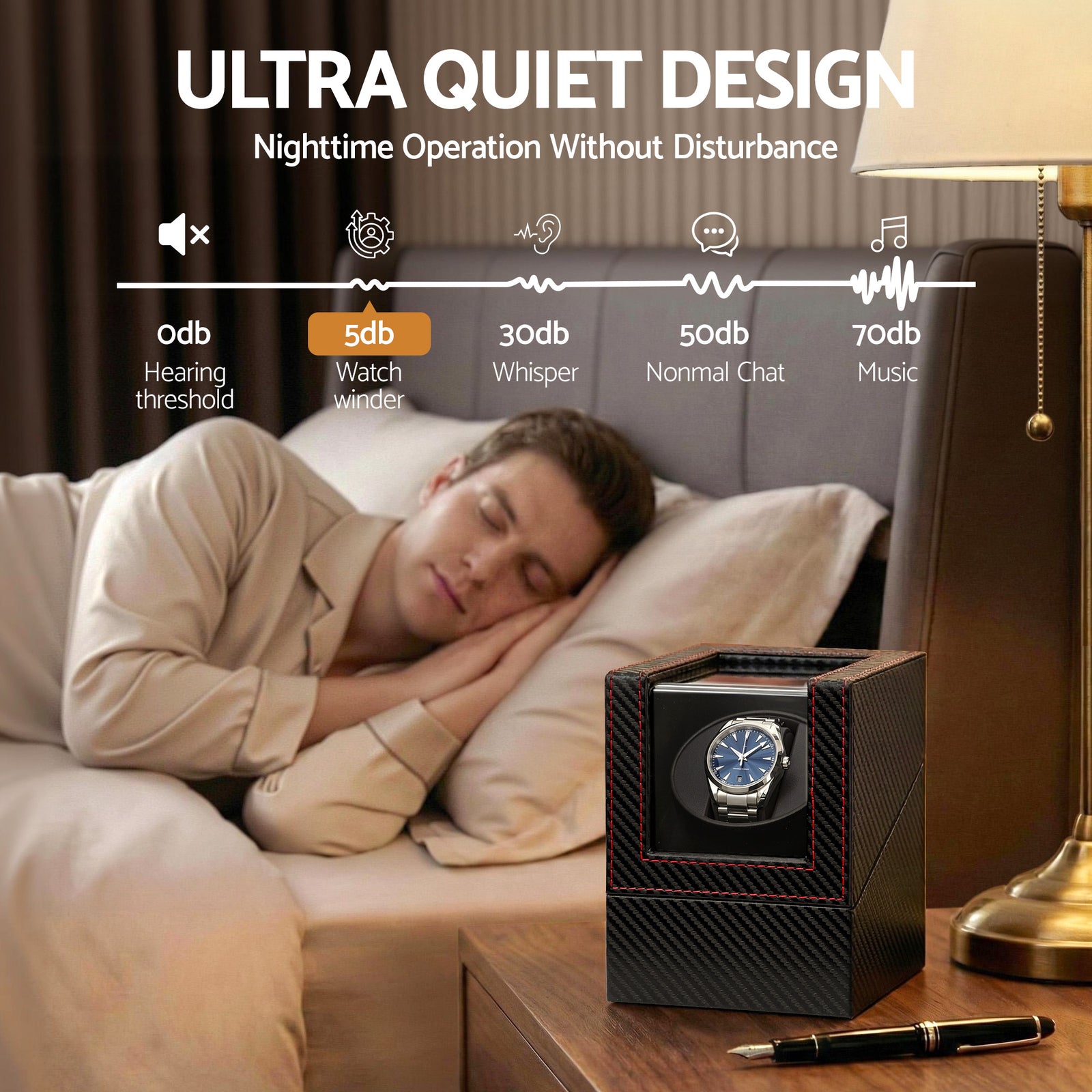 Watch Winder Box Automatic Single Quiet Carbon Fibre Black