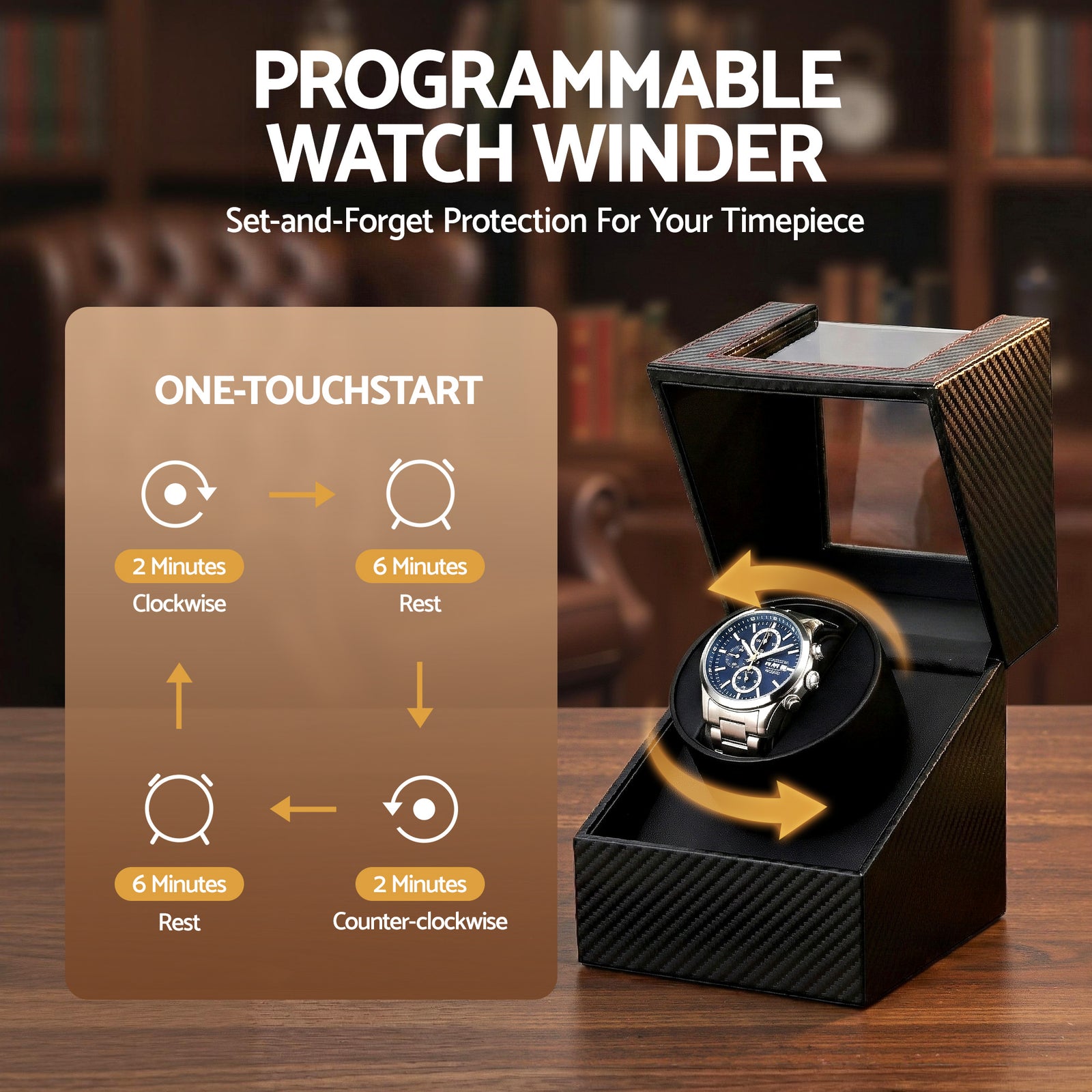 Watch Winder Box Automatic Single Quiet Carbon Fibre Black