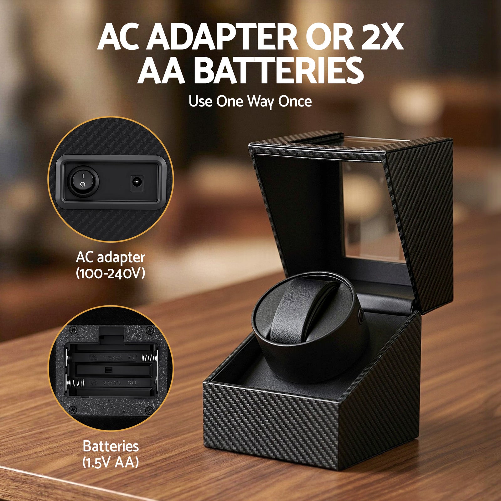 Watch Winder Box Automatic Single Quiet Carbon Fibre Black