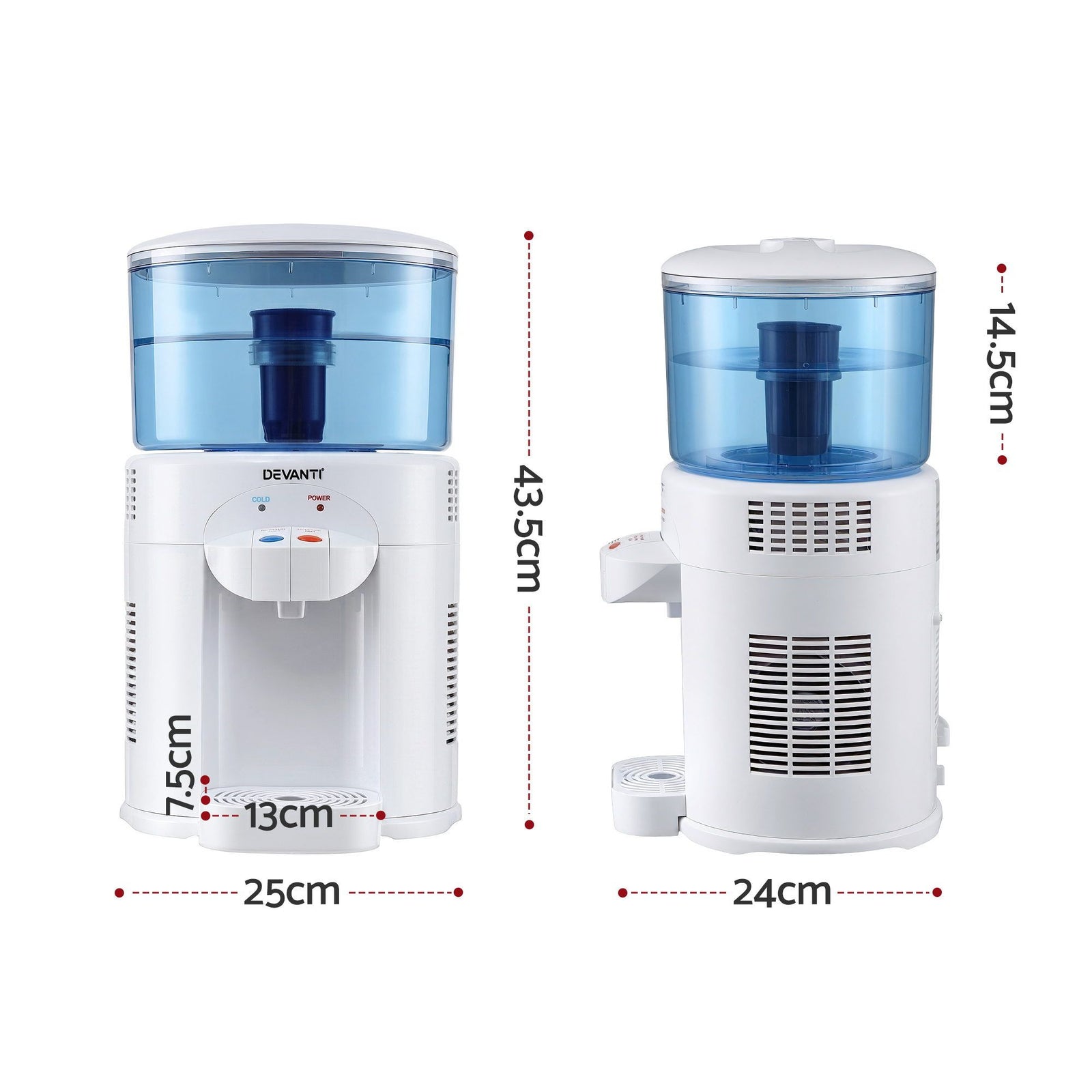 5L Bench Top Water Cooler Dispenser with Filter 2 Taps Countertop Water Purifier