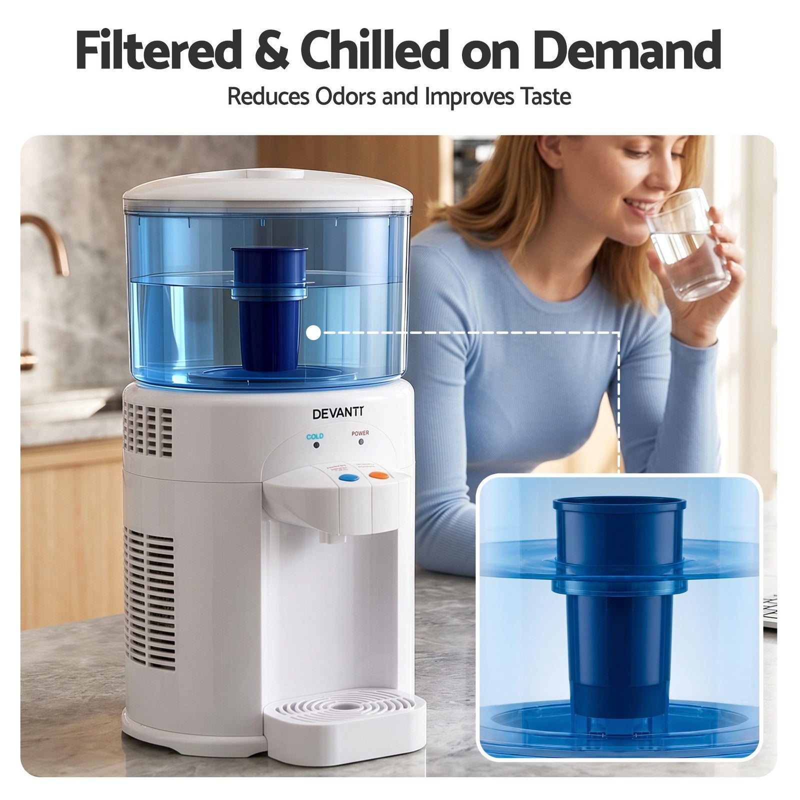 5L Bench Top Water Cooler Dispenser with Filter 2 Taps Countertop Water Purifier