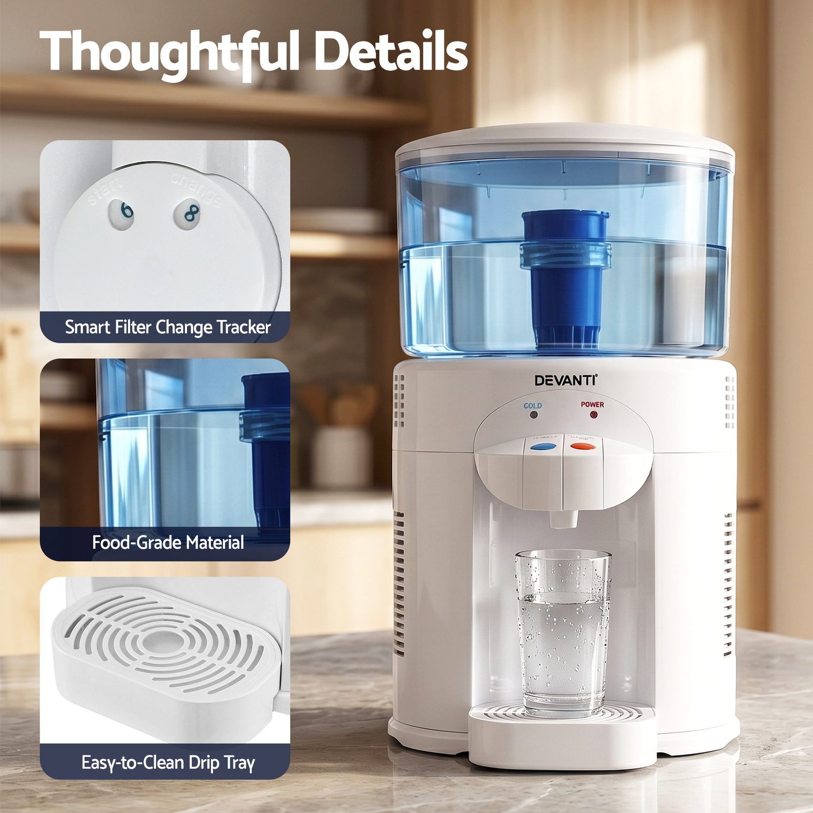 5L Bench Top Water Cooler Dispenser with Filter 2 Taps Countertop Water Purifier