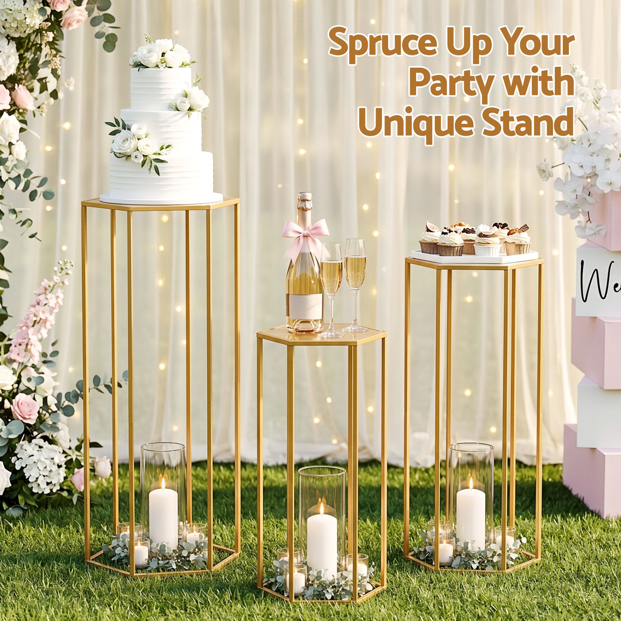 Hexagon Wedding Stand Set 3‑Piece – Gold Metal Backdrop Pedestals