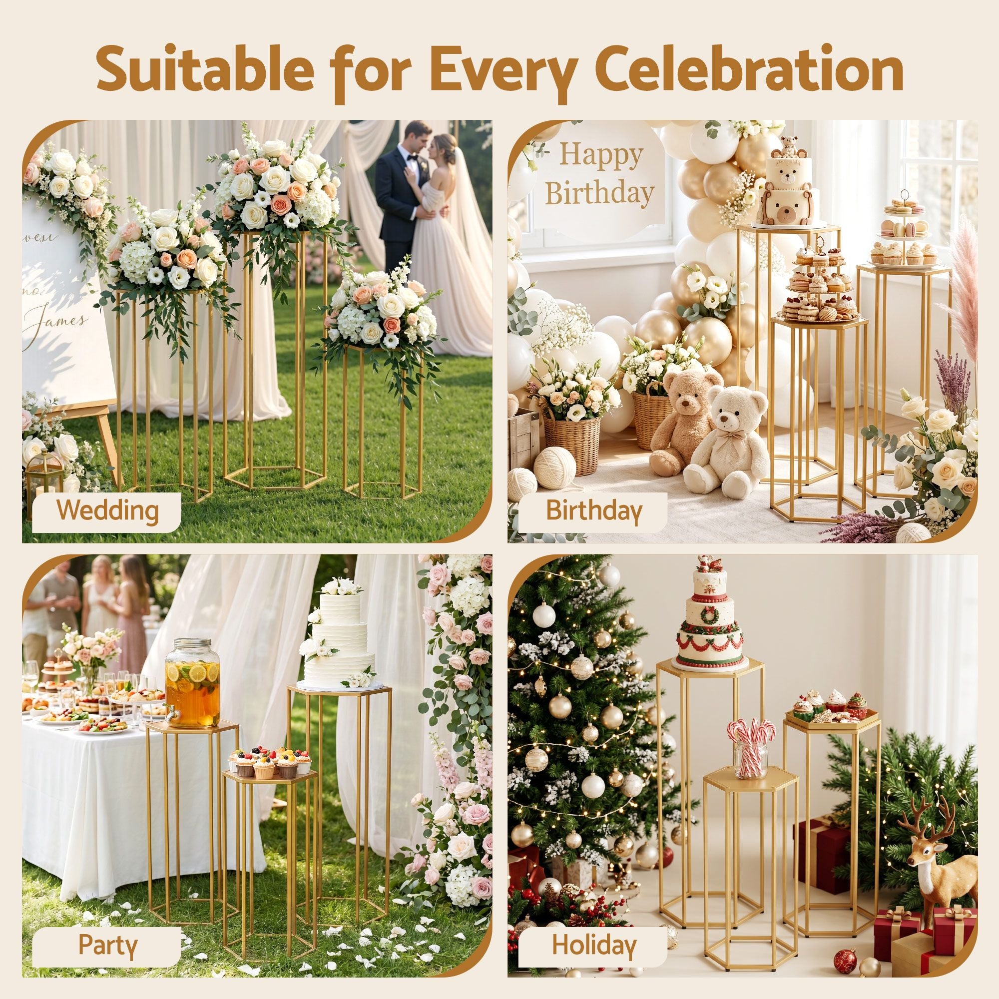 Hexagon Wedding Stand Set 3‑Piece – Gold Metal Backdrop Pedestals