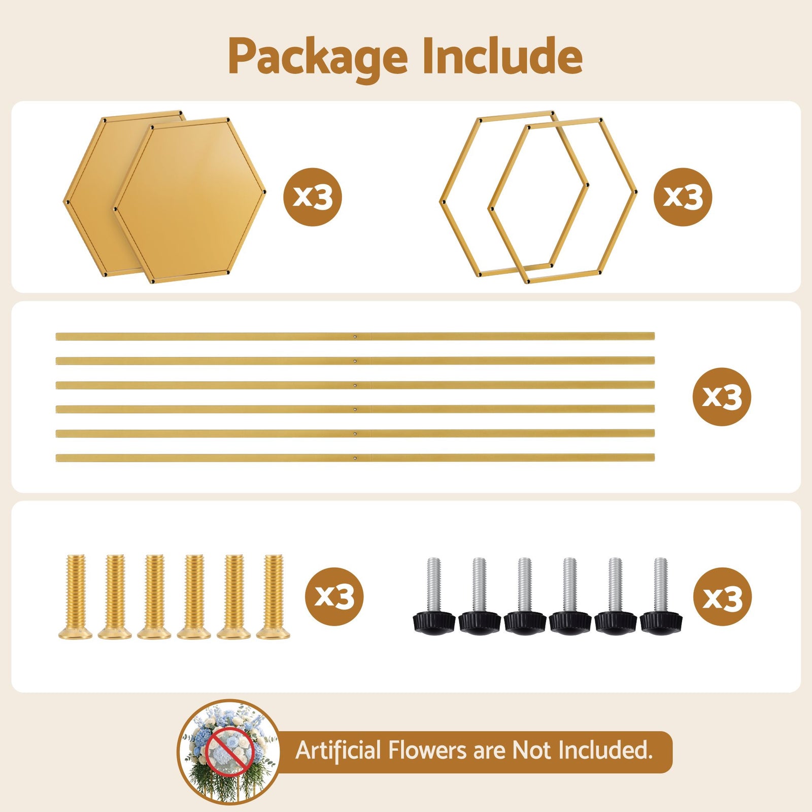 Hexagon Wedding Stand Set 3‑Piece – Gold Metal Backdrop Pedestals