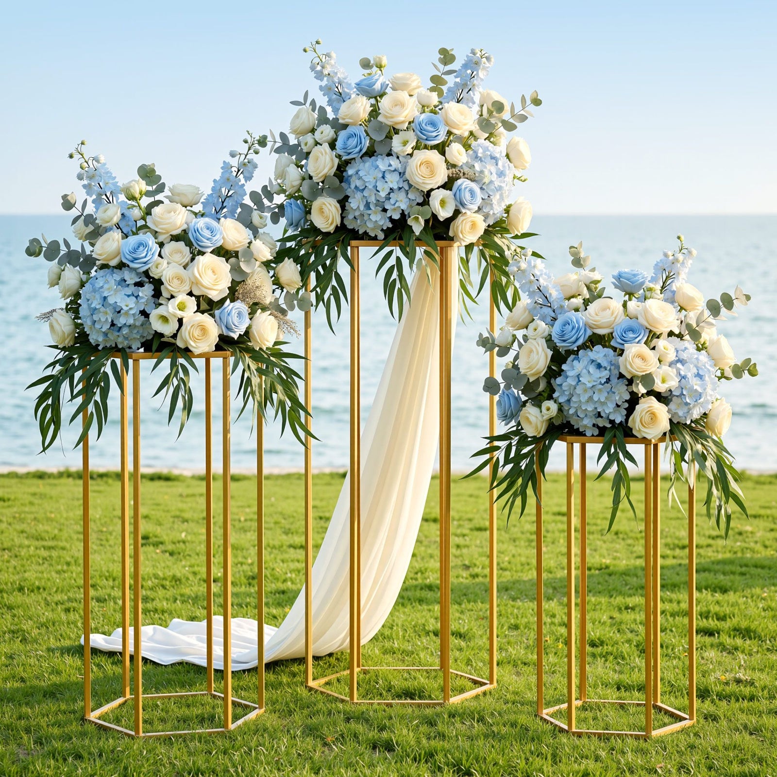 Hexagon Wedding Stand Set 3‑Piece – Gold Metal Backdrop Pedestals