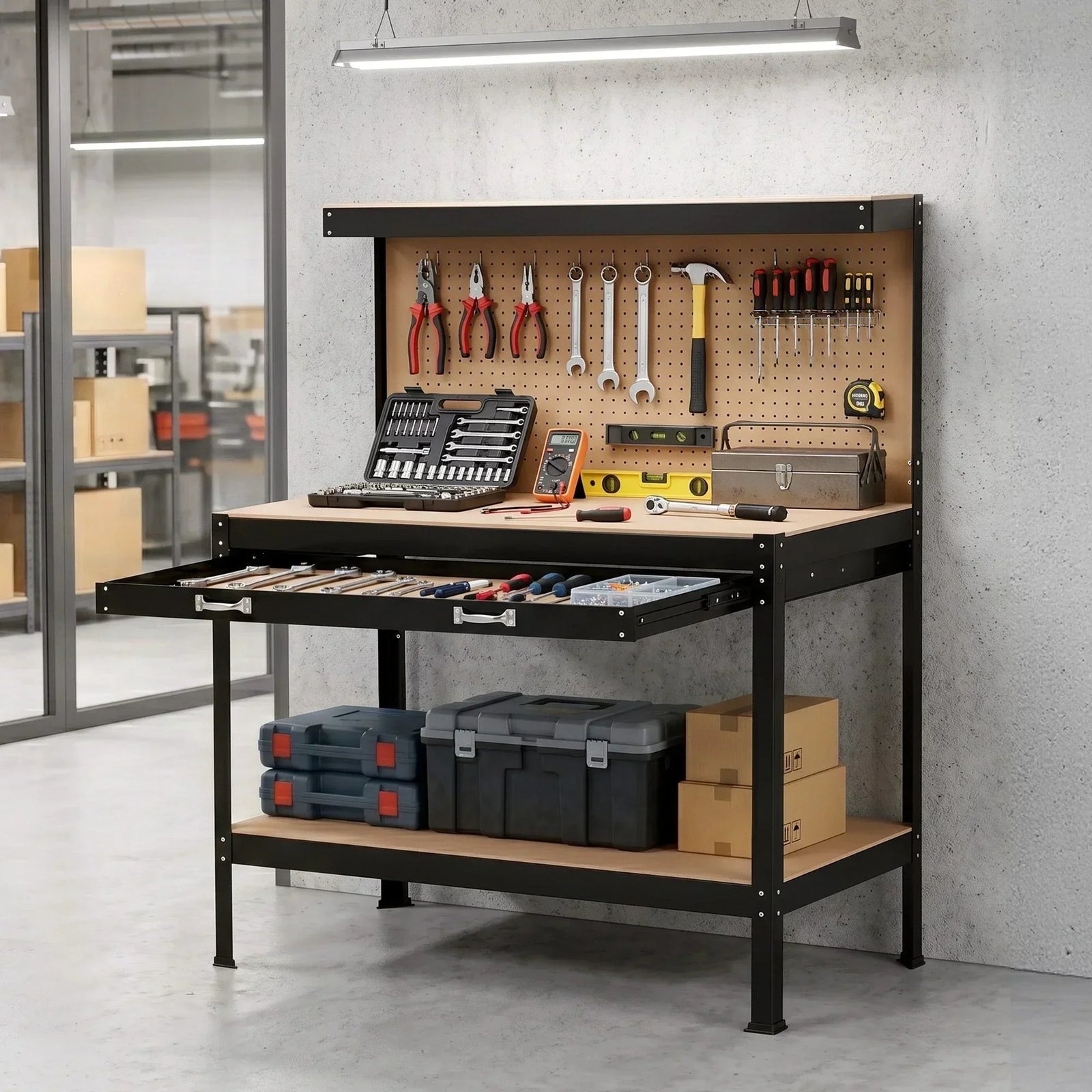 Workbench with Pegboard and Ultra-Wide 120cm Work Table for Garage DIY, 20 Hooks