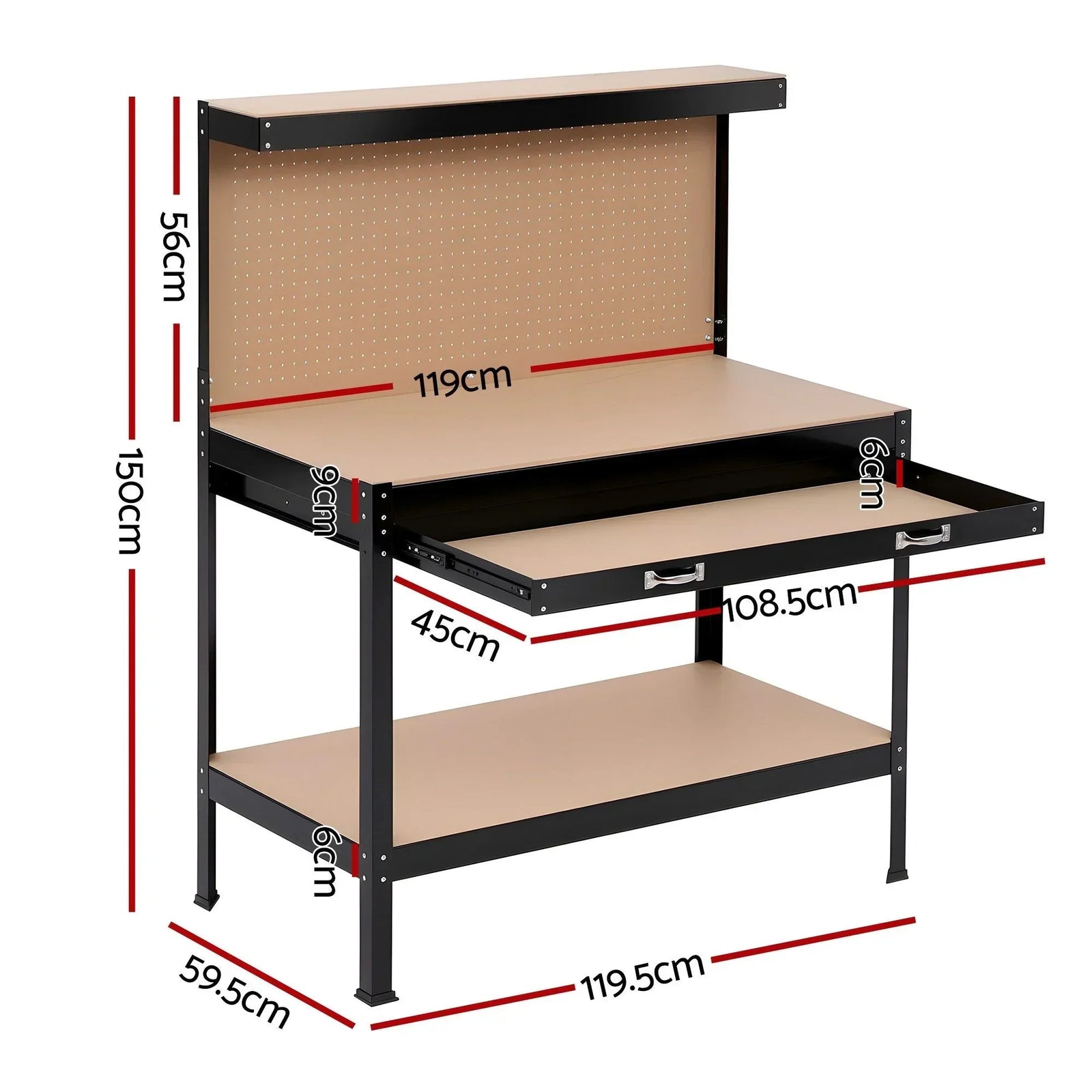 Workbench with Pegboard and Ultra-Wide 120cm Work Table for Garage DIY, 20 Hooks